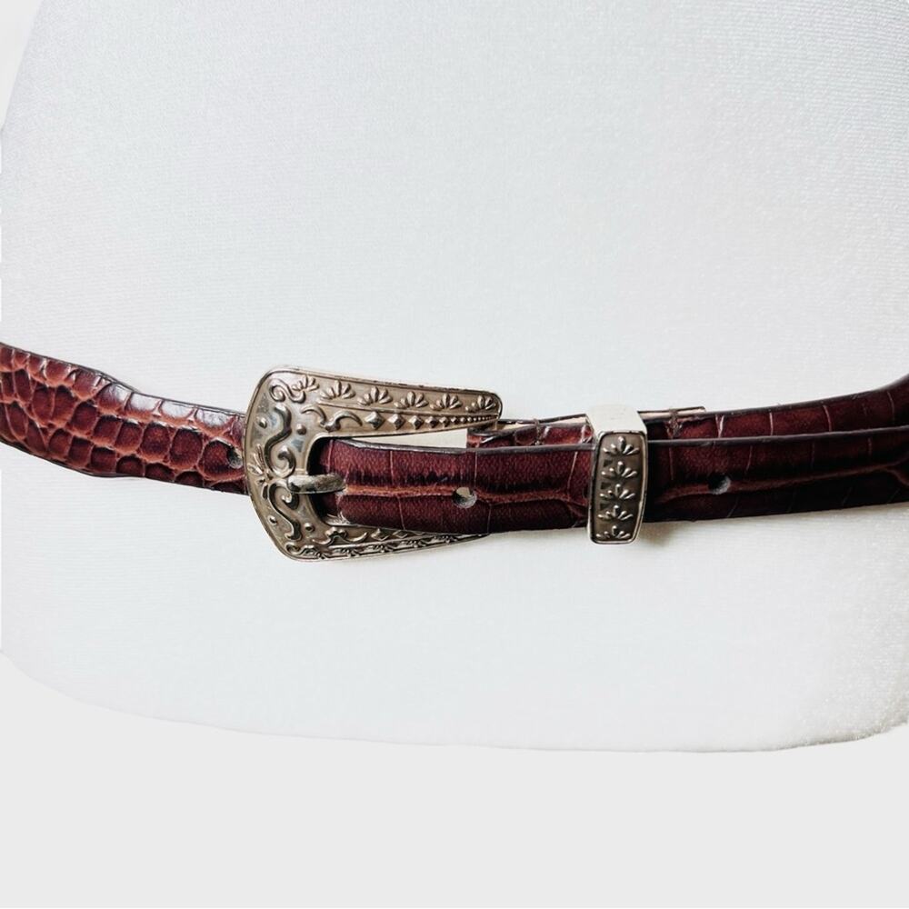 Lake Shore Drive Leather Belt Size M Silvertone Ornate Buckle Hinge Inserts Boho - Picture 6 of 14